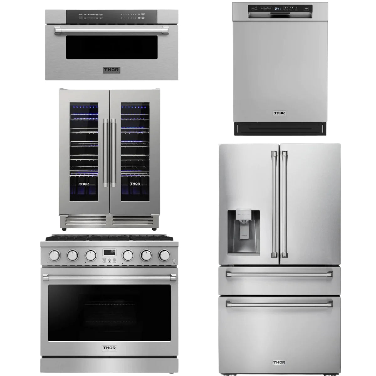 36 Gas Range, Refrigerator, Dishwasher, Microwave and Wine Cooler M5660