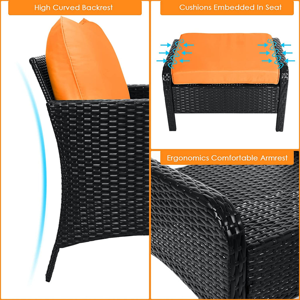 5 Pieces PE Rattan Wicker Outdoor Cushioned Lounge Chairs Set with Ottomans and Glass Table R984