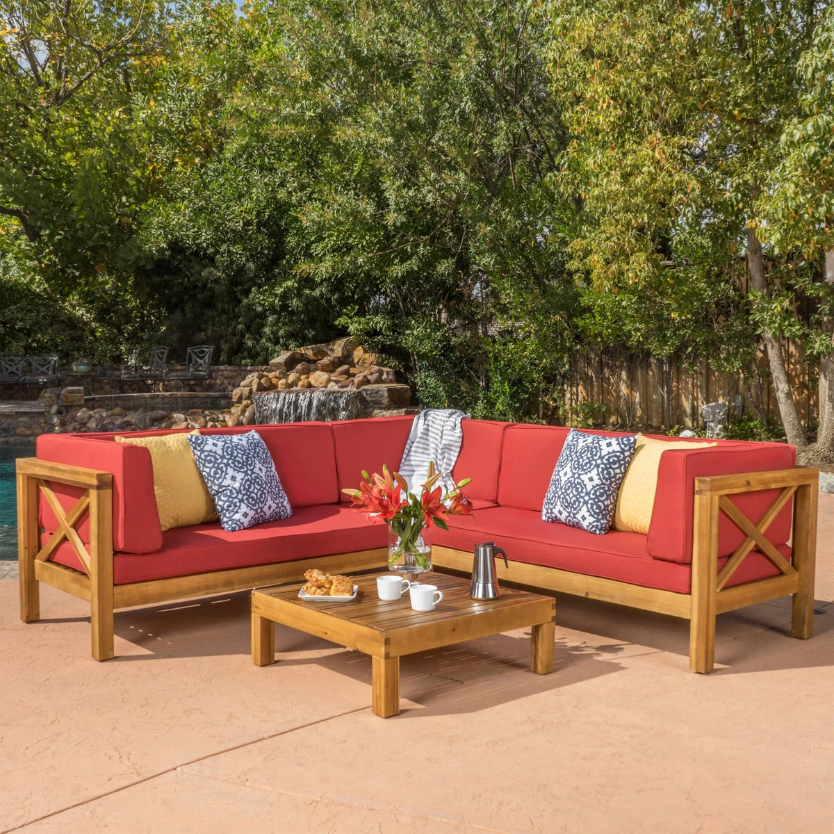 4 Piece Acacia Wood Sectional Sofa and Coffee Table Set U181