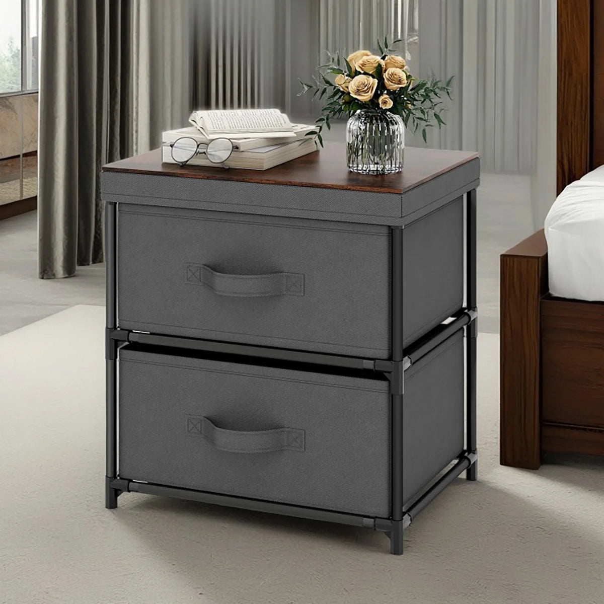 Grey Rustic Brown 2 Drawer Nightstand T296